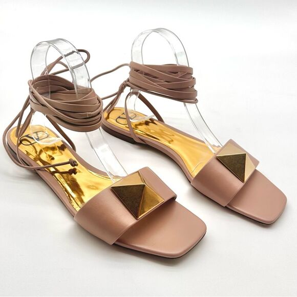 Valentino Garavani One Stud Gladiator Ankle Tie Wrap Flat Sandals Poudre EU 39.5 - Picture 1 of 12